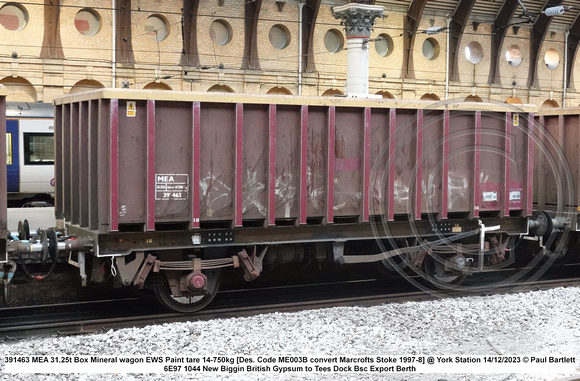 391463 MEA 31.25t Box Mineral wagon EWS Paint tare 14-750kg [Des. Code ME003B convert Marcrofts Stoke 1997-8] @ York Station 2023-12-14 © Paul Bartlett