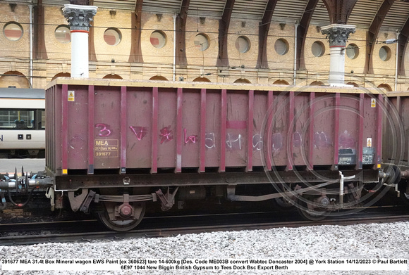 391677 MEA 31.4t Box Mineral wagon EWS Paint [ex 360623] tare 14-600kg [Des. Code ME003B convert Wabtec Doncaster 2004] @ York Station 2023-12-14 © Paul Bartlett w