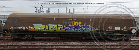 37 70 6791 023-4 IIA 101.6t Touax ex Fastline Coal hopper tare 27-020kg @ Doncaster Station 2019-06-01 © Paul Bartlett [0w]