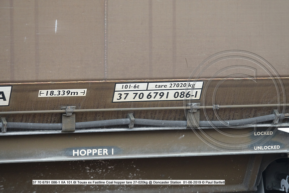 37 70 6791 086-1 IIA 101.6t Touax ex Fastline Coal hopper tare 27-020kg @ Doncaster Station 2019-06-01 © Paul Bartlett [3w]