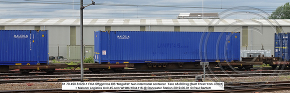 81 70 490 8 029-1 FKA Sffggmrrss DB 'Megafret' twin intermodal container  Malcolm WHMU1044116 @ Doncaster Station 2019-06-01 © Paul Bartlett w