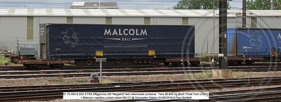 81 70 490 8 033-3 FKA Sffggmrrss DB 'Megafret' twin intermodal container  + Malcom SB117 @ Doncaster Station 2019-06-01 © Paul Bartlett [2w]