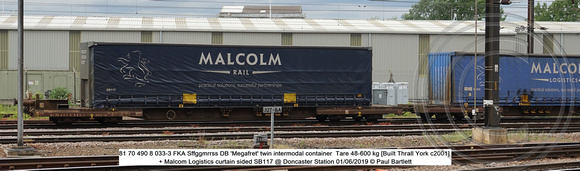 81 70 490 8 033-3 FKA Sffggmrrss DB 'Megafret' twin intermodal container  + Malcom SB117 @ Doncaster Station 2019-06-01 © Paul Bartlett w
