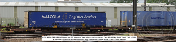 81 70 490 8 047-3 FKA Sffggmrrss DB 'Megafret' twin intermodal container + Malcom SB079 @ Doncaster Station 2019-06-01 © Paul Bartlett w