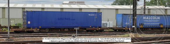 81 70 490 8 049-9 FKA Sffggmrrss DB 'Megafret' twin intermodal container + Malcom WHMU10477239 @ Doncaster Station 2019-06-01 © Paul Bartlett w