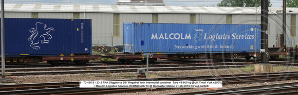 81 70 490 8 123-2 FKA Sffggmrrss DB 'Megafret' twin intermodal container  + Malcom WHMU4508714 @ Doncaster Station 2019-06-01 © Paul Bartlett w