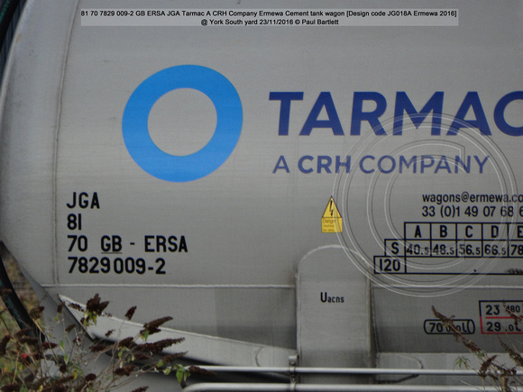 81 70 7829 009-2 GB ERSA JGA Tarmac A CRH Company Ermewa Cement tank wagon [Design code JG018A Ermewa 2016] @ York South yard 2016-11-23 © Paul Bartlett [2]