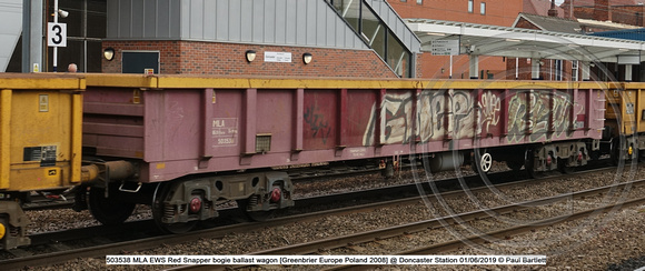 503538 MLA EWS Red Snapper bogie ballast wagon [Greenbrier Europe Poland 2008] @ Doncaster Station 2019-06-01 © Paul Bartlett [1w]