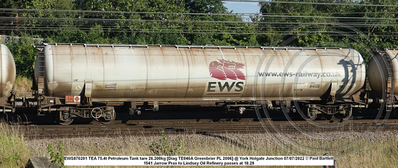 EWS870201 TEA 75.4t Petroleum Tank tare 26.200kg [Diag TE046A Greenbrier PL 2006] @ York Holgate Junction 2022-07-07 © Paul Bartlett w