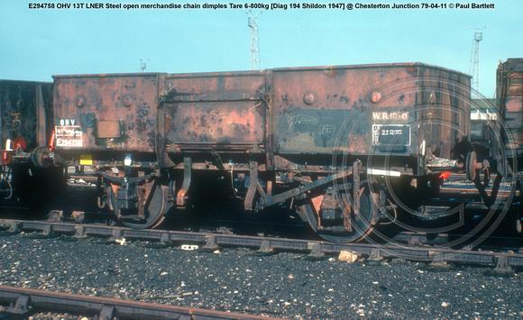 E294758 OHV 13T LNER Steel open merchandise chain dimples Tare 6-800kg [Diag 194 Shildon 1947] @ Chesterton Junction 79-04-11 © Paul Bartlett w