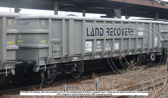 81 70 5932 710-3 Ealnos JNA 79.6t Land Recovery Ltd Tare 22.000kg Built W H Davis, Langwith Junct. -.9.2022 @ York Station 2022-09-28 © Paul Bartlett [2w]