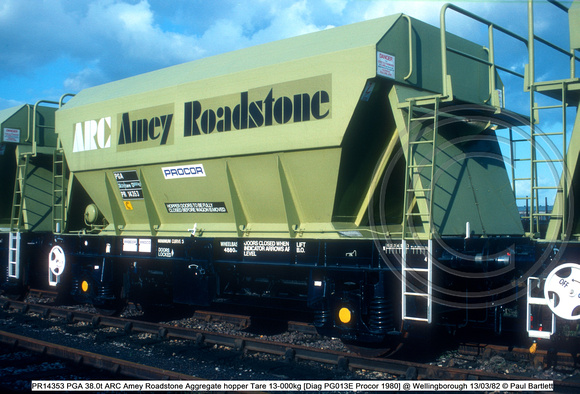 PR14353 PGA 38.0t ARC Amey Roadstone Aggregate hopper Tare 13-000kg [Diag PG013E Procor 1980] @ Wellingborough 82-03-13 © Paul Bartlett w
