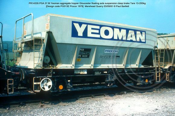 PR14335 PGA 37.8t Yeoman aggregate hopper Tare 13-200kg [Design code PG013E Procor 1979]  Merehead Quarry 81-09-03 © Paul Bartlett w