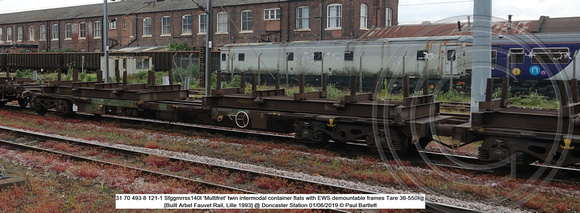 31 70 493 8 121-1 Sfggmrrss140t 'Multifret' twin intermodal container flats Tare 36-550kg [Built Arbel Fauvet Rail, Lille 1993] @ Doncaster Station 2019-06-01 © Paul Bartlett [1w]