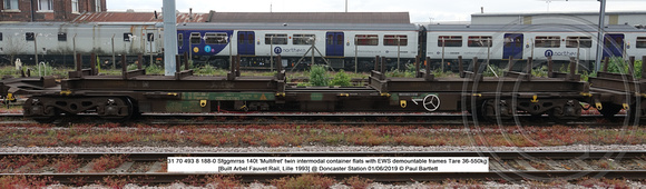 31 70 493 8 188-0 Sfggmrrss 140t 'Multifret' twin intermodal container flats Tare 36-550kg [Built Arbel Fauvet Rail, Lille 1993] @ Doncaster Station 2019-06-01 © Paul Bartlett [3w]