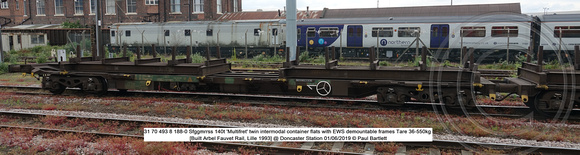 31 70 493 8 188-0 Sfggmrrss 140t 'Multifret' twin intermodal container flats Tare 36-550kg [Built Arbel Fauvet Rail, Lille 1993] @ Doncaster Station 2019-06-01 © Paul Bartlett [4w]