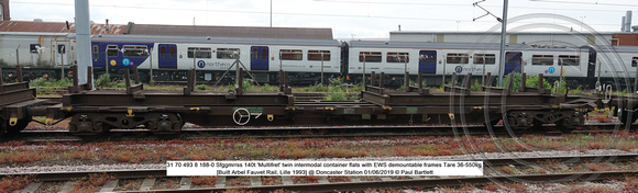 31 70 493 8 188-0 Sfggmrrss 140t 'Multifret' twin intermodal container flats Tare 36-550kg [Built Arbel Fauvet Rail, Lille 1993] @ Doncaster Station 2019-06-01 © Paul Bartlett [6w]
