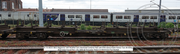 31 70 493 8 188-0 Sfggmrrss 140t 'Multifret' twin intermodal container flats Tare 36-550kg [Built Arbel Fauvet Rail, Lille 1993] @ Doncaster Station 2019-06-01 © Paul Bartlett [7w]