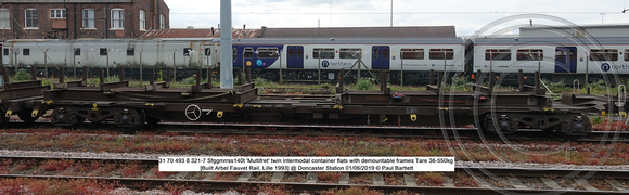 31 70 493 8 321-7 Sfggmrrss140t 'Multifret' twin intermodal container flats Tare 36-550kg [Built Arbel Fauvet Rail, Lille 1993] @ Doncaster Station 2019-06-01 © Paul Bartlett [5w]