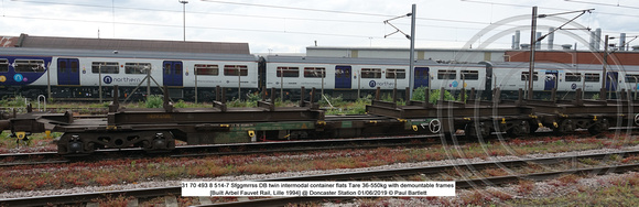 31 70 493 8 514-7 Sfggmrrss DB twin intermodal container flats Tare 36-550kg [Built Arbel Fauvet Rail, Lille 1994] @ Doncaster Station 2019-06-01 © Paul Bartlett [6w]