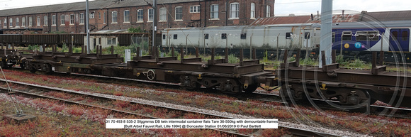 31 70 493 8 535-2 Sfggmrrss DB twin intermodal container flats Tare 36-550kg [Built Arbel Fauvet Rail, Lille 1994] @ Doncaster Station 2019-06-01 © Paul Bartlett [1w]