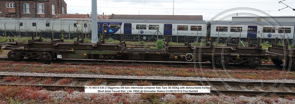31 70 493 8 535-2 Sfggmrrss DB twin intermodal container flats Tare 36-550kg [Built Arbel Fauvet Rail, Lille 1994] @ Doncaster Station 2019-06-01 © Paul Bartlett [3w]