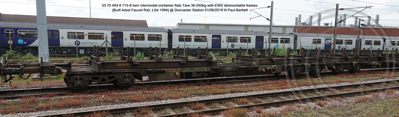 33 70 493 8 715-8 twin intermodal container flats Tare 36-550kg Built Arbel Fauvet Rail, Lille 1994 @ Doncaster Station 2019-06-01 © Paul Bartlett [1w]