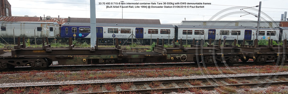 33 70 493 8 715-8 twin intermodal container flats Tare 36-550kg Built Arbel Fauvet Rail, Lille 1994 @ Doncaster Station 2019-06-01 © Paul Bartlett [3w]