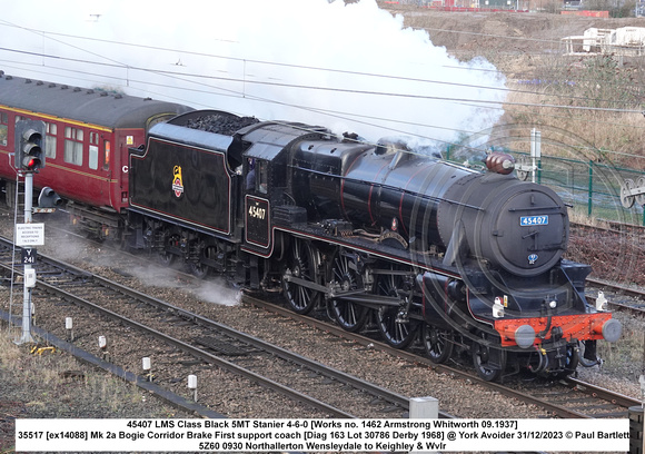 45407 Black 5MT 4-6-0 [Works no. 1462 Armstrong Whitworth 09.1937] 35517 [ex14088] Mk 2a Bogie Corridor Brake @ York Avoider 2023-12-31 © Paul Bartlett [2w]