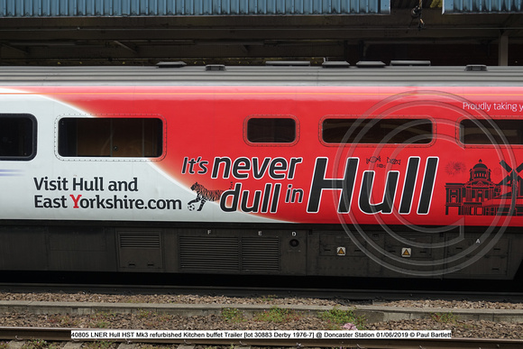 40805 LNER Hull HST Mk3 refurbished Kitchen buffet Trailer [lot 30883 Derby 1976-7] @ Doncaster Station 2019-06-01 © Paul Bartlett [3w]