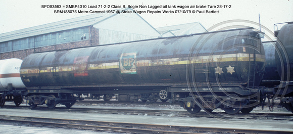 BPO83563 = SMBP4010 Class B Bogie Non Lagged oil tank wagon AB @ Stoke Wagon Repairs 79-10-07 � Paul Bartlett w
