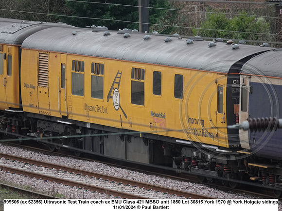 999606 (ex 62356) Ultrasonic Test Train coach ex EMU Class 421 MBSO unit 1850 Lot 30816 York 1970 @ York Holgate sidings 2024-01-11 © Paul Bartlett [1w]
