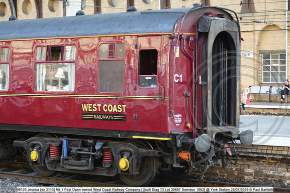 99125 Jessica [ex 3113] Mk 1 First Open owned West Coast Railway Company [ [built Diag 73 Lot 30697 Swindon 1962] @ York Station 2019 -07-25 © Paul Bartlett [4w]