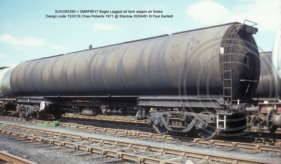 SUKO83350 = SMBP8017 Bogie Lagged oil tank wagon AB Design code TE021B @ Stanlow 81-04-20 � Paul Bartlett w