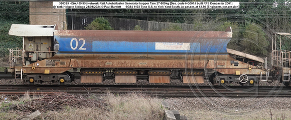 380325 HQAJ 59.95t Network Rail Autoballaster Generator hopper Tare 27-800kg [Des. code HQ001J built RFS Doncaster 2001] @ York Holgate Junction 2024-01-21 © Paul Bartlett [1w]