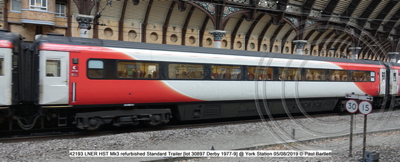 42193 LNER HST Mk3 refurbished Standard Trailer [lot 30897 Derby 1977-9] @ York Station 2019-08-05 © Paul Bartlett [2w]