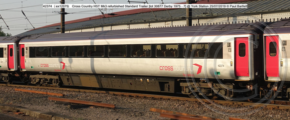 42374 (ex12075) Cross Country HST Mk3 refurbished Standard Trailer [lot 30877 Derby 1975 - 7] @ York Station 2019 -07-25 © Paul Bartlett [2w]