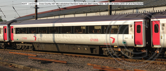 42377 (ex12102) Cross Country HST Mk3 refurbished Standard Trailer [lot 30877 Derby 1975 - 7] @ York Station 2019 -07-25 © Paul Bartlett w