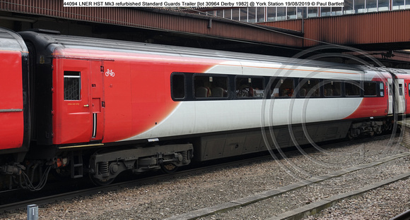44094 LNER HST Mk3 refurbished Standard Guards Trailer [lot 30964 Derby 1982] @ York Station 2019-08-19 © Paul Bartlett [1w]
