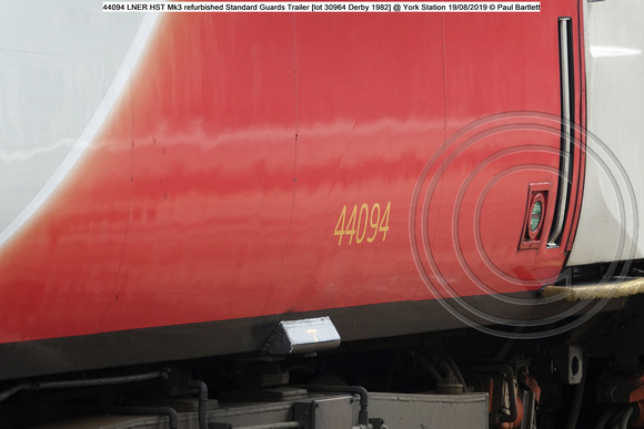 44094 LNER HST Mk3 refurbished Standard Guards Trailer [lot 30964 Derby 1982] @ York Station 2019-08-19 © Paul Bartlett [3w]