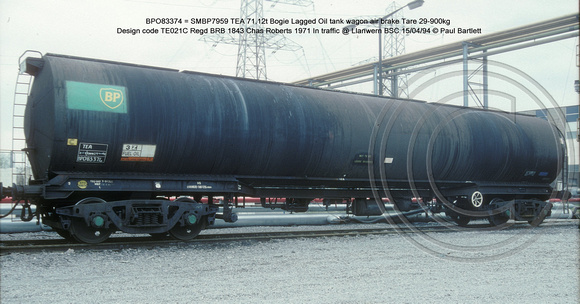BPO83374 = SMBP7959 TEA Bogie Lagged Oil tank wagon AB Design code TE021C  In traffic @ Llanwern BSC 94-04-15 � Paul Bartlett w