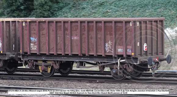 391379 MEA 31.25t Box Mineral wagon EWS Paint [ex361732] tare 14-750kg [Des. Code ME003B convert Marcrofts Stoke 1996-7] @ York Holgate Junction 2024-02-01 © Paul Bartlett w