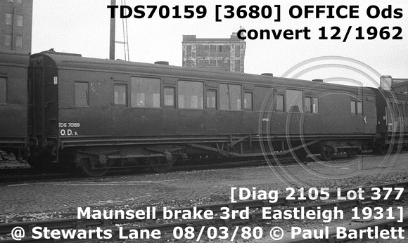 TDS70159 ex 3680 Maunsell brake 3rd at Stewarts Lane 80-03-08