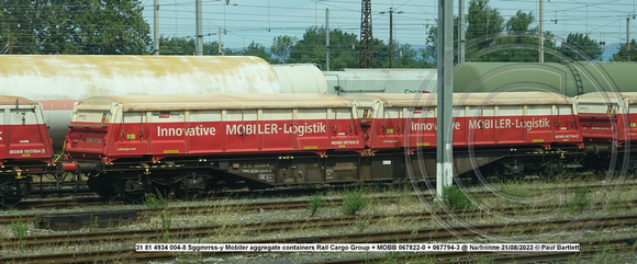 31 81 4934 004-8 Sggmrrss-y Mobiler aggregate containers Rail Cargo Group + MOBB 067822-0 + 067794-3 @ Narbonne 2022-08-21 © Paul Bartlett [1w]
