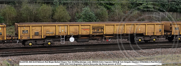 NLU29166 JNA 64.0t Network Rail Bogie Ballast Wagon Tare 26.000kg [design code JNO60A Astro Vagoane 2003] @ York Holgate Junction 2024-02-22 © Paul Bartlett w