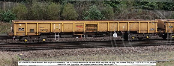 NLU29130 JNA 64.0t Network Rail Bogie Ballast Wagon Tare 26.000kg [design code JNO60A Astro Vagoane 2003] @ York Holgate Junction 2024-02-22 © Paul Bartlett w
