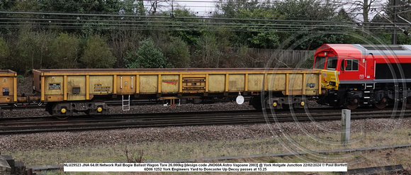 NLU29523 JNA 64.0t Network Rail Bogie Ballast Wagon Tare 26.000kg [design code JNO60A Astro Vagoane 2003] @ York Holgate Junction 2024-02-22 © Paul Bartlett w