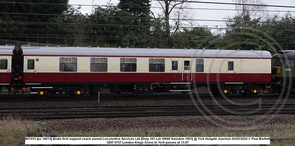 M17013 [ex 14013] Brake first support coach owned Locomotive Services Ltd [Diag 161 Lot 30668 Swindon 1961] @ York Holgate Junction 2024-03-02 © Paul Bartlett w