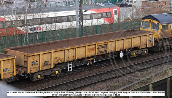 NLU29148 JNA 64.0t Network Rail Bogie Ballast Wagon Tare 26.000kg [design code JNO60 Astro Vagone 2003] ] @ York Holgate Junction 2024-03-02 © Paul Bartlett [2w]