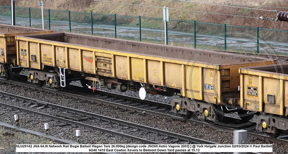 NLU29142 JNA 64.0t Network Rail Bogie Ballast Wagon Tare 26.000kg [design code JNO60 Astro Vagone 2003] ] @ York Holgate Junction 2024-03-02 © Paul Bartlett w